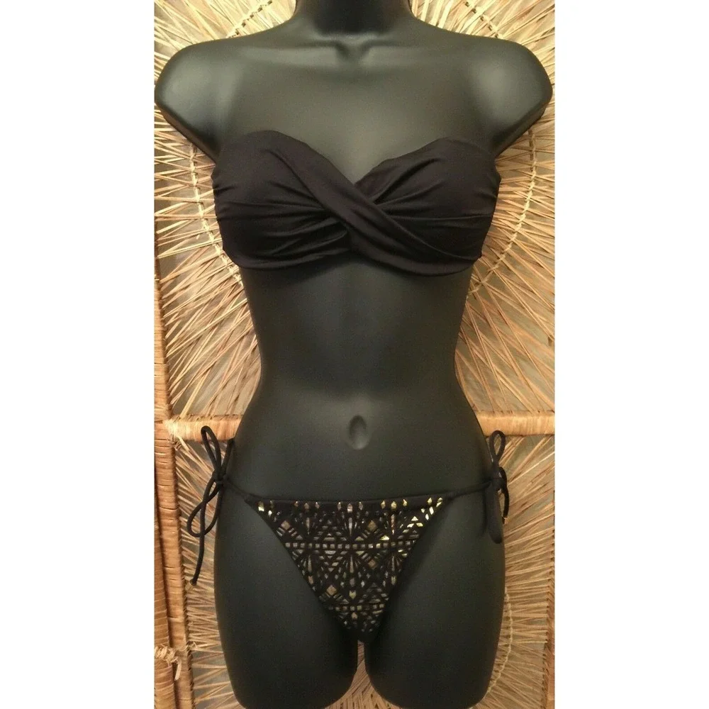 Victoria's Secret Womens Bikini Swimsuit Sz 34B/XS Black Gold Metallic‎ Cut Out